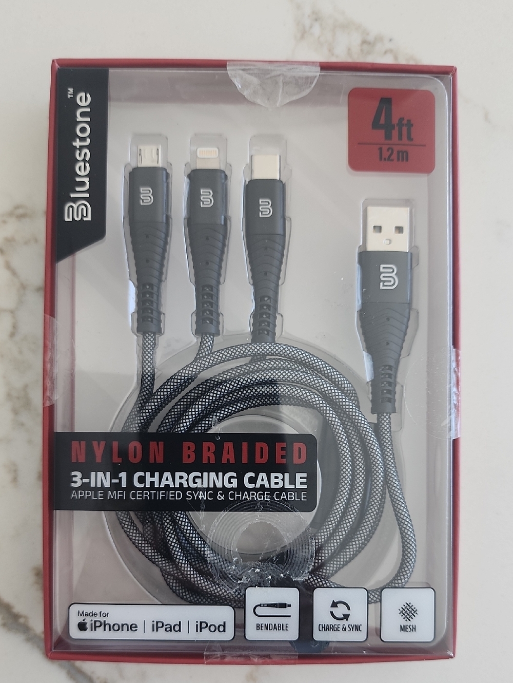 Black Nylon Braided 3-in-1 Charging Cable - 4ft